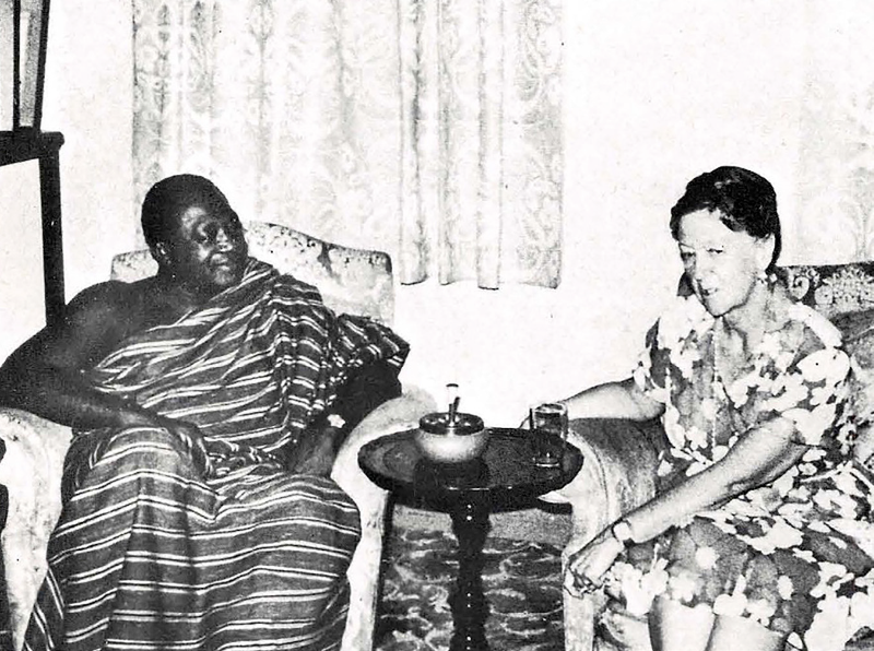 Ruhiyyih Khanum with His Highness the Asantehene, Otumfuo Opoku Ware II of the Asante. Kumasi, Ghana, September 1971